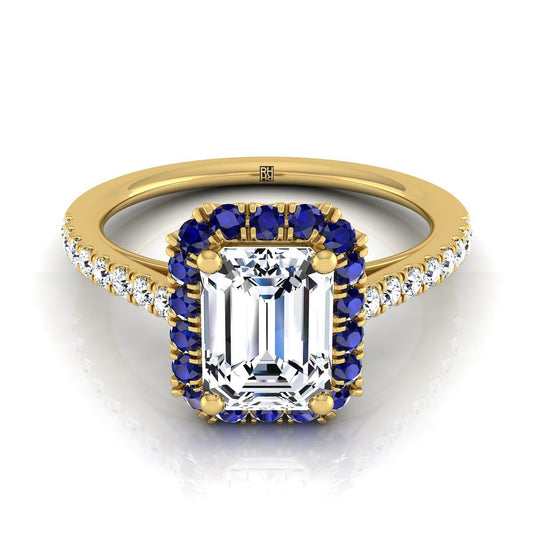 แหวนหมั้นทองคำเหลือง 14K แบบเพทายตัดทรงมรกต ประดับเพชรฝรั่งเศสแบบฮาโลขนาดเล็ก - 1/5 กะรัตรวม