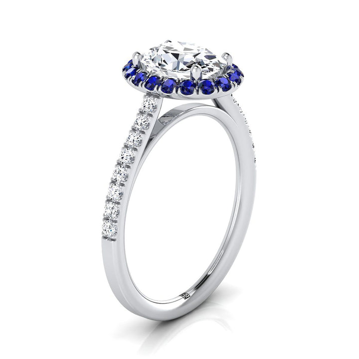 แหวนหมั้นเพชรฝรั่งเศสแบบวงรีแพลตตินั่มขนาดเล็กพร้อมฮาโลแบบปาเว่เพชร - 1/5ctw