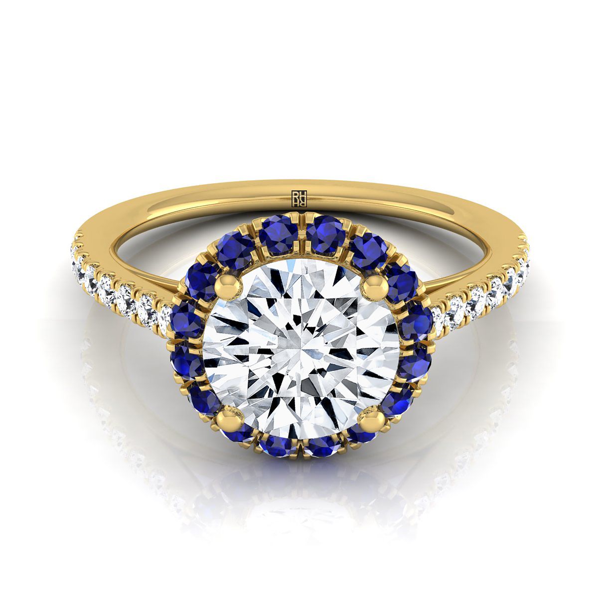 14K Yellow Gold Round Brilliant Sapphire Petite Halo French Diamond Pave Engagement Ring -1/5ctw