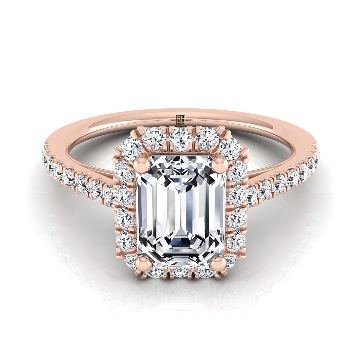 European Cut, Petite French Pavé Halo Emerald, in 14K Rose Gold, pave setting | RockHer