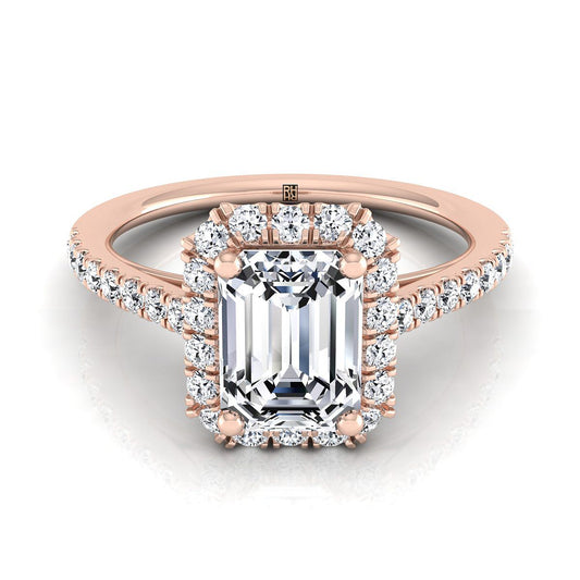 European Cut, Petite French Pavé Halo Emerald, in 14K Rose Gold, pave setting | RockHer