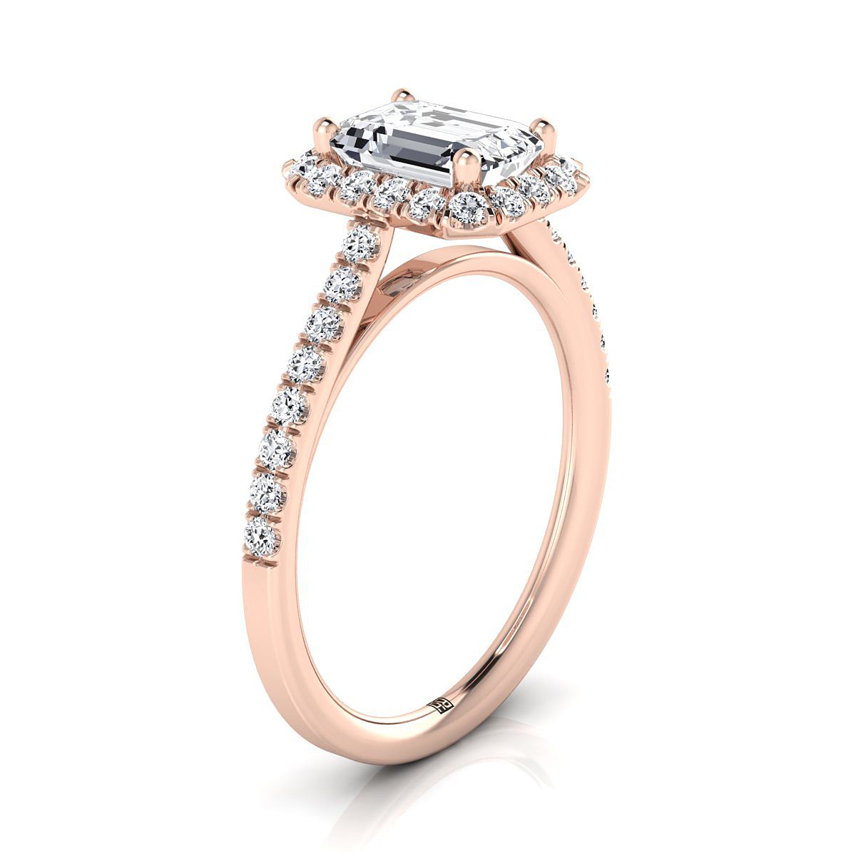 European Cut, Petite French Pavé Halo Emerald, in 14K Rose Gold, pave setting – side profile | RockHer