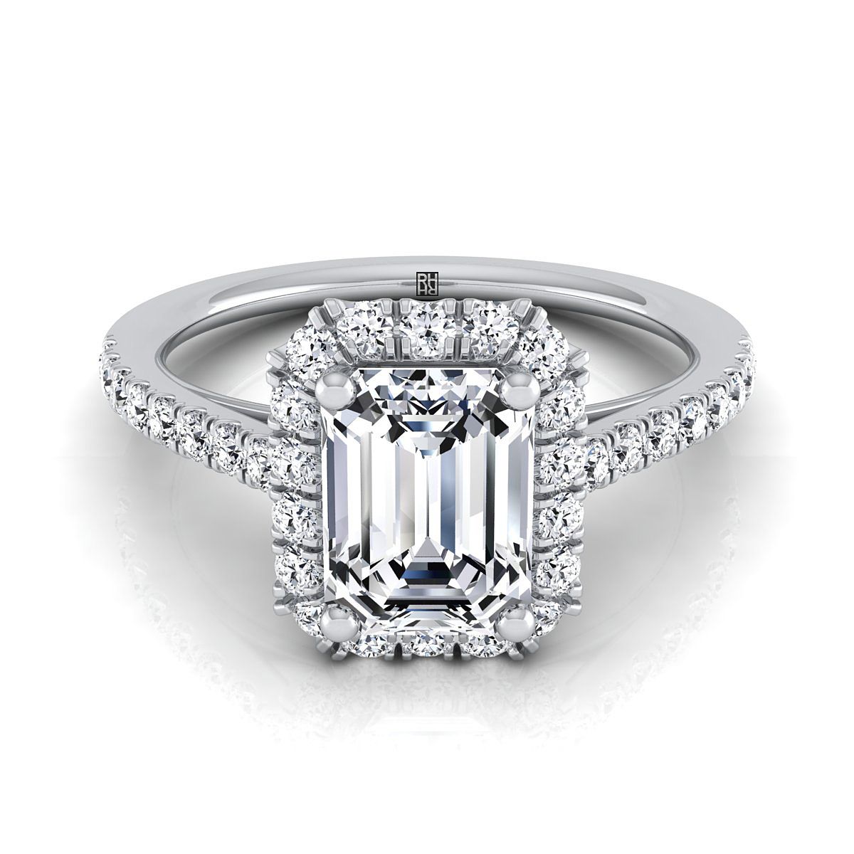 European Cut, Petite French Pavé Halo Emerald, in 18K White Gold, pave setting | RockHer