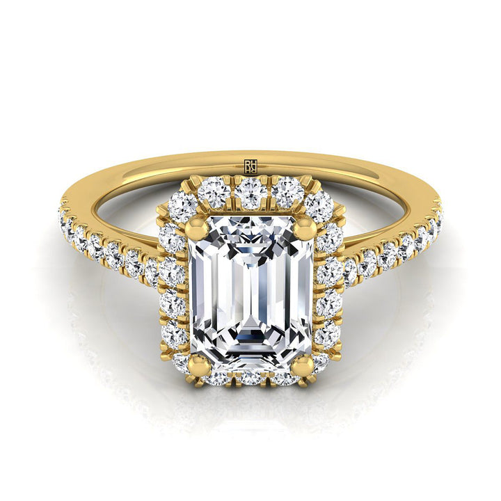 European Cut, Petite French Pavé Halo Emerald, in 18K Yellow Gold, pave setting | RockHer