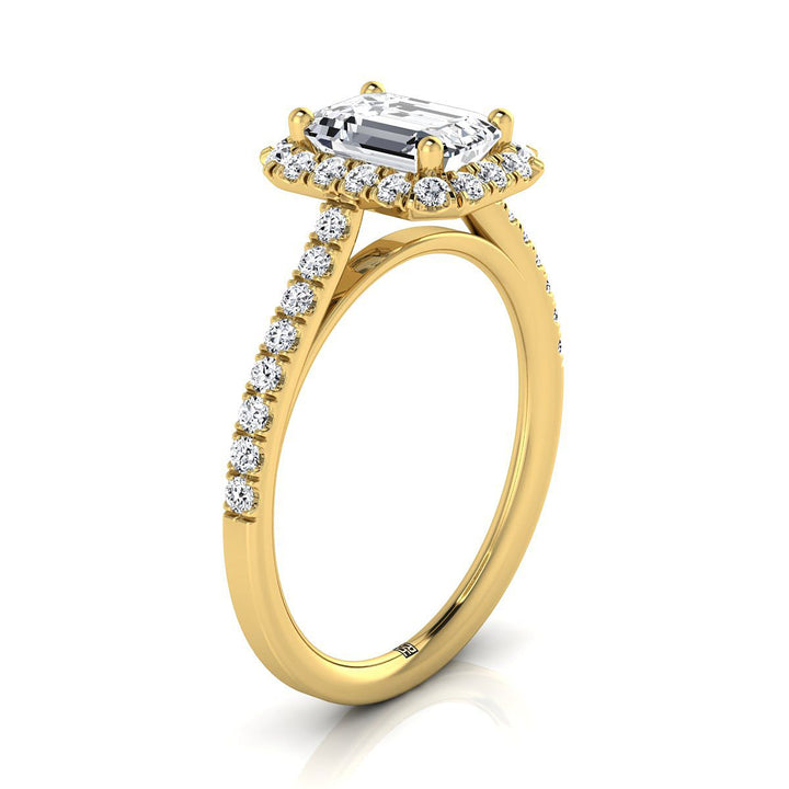 European Cut, Petite French Pavé Halo Emerald, in 18K Yellow Gold, pave setting – side profile | RockHer