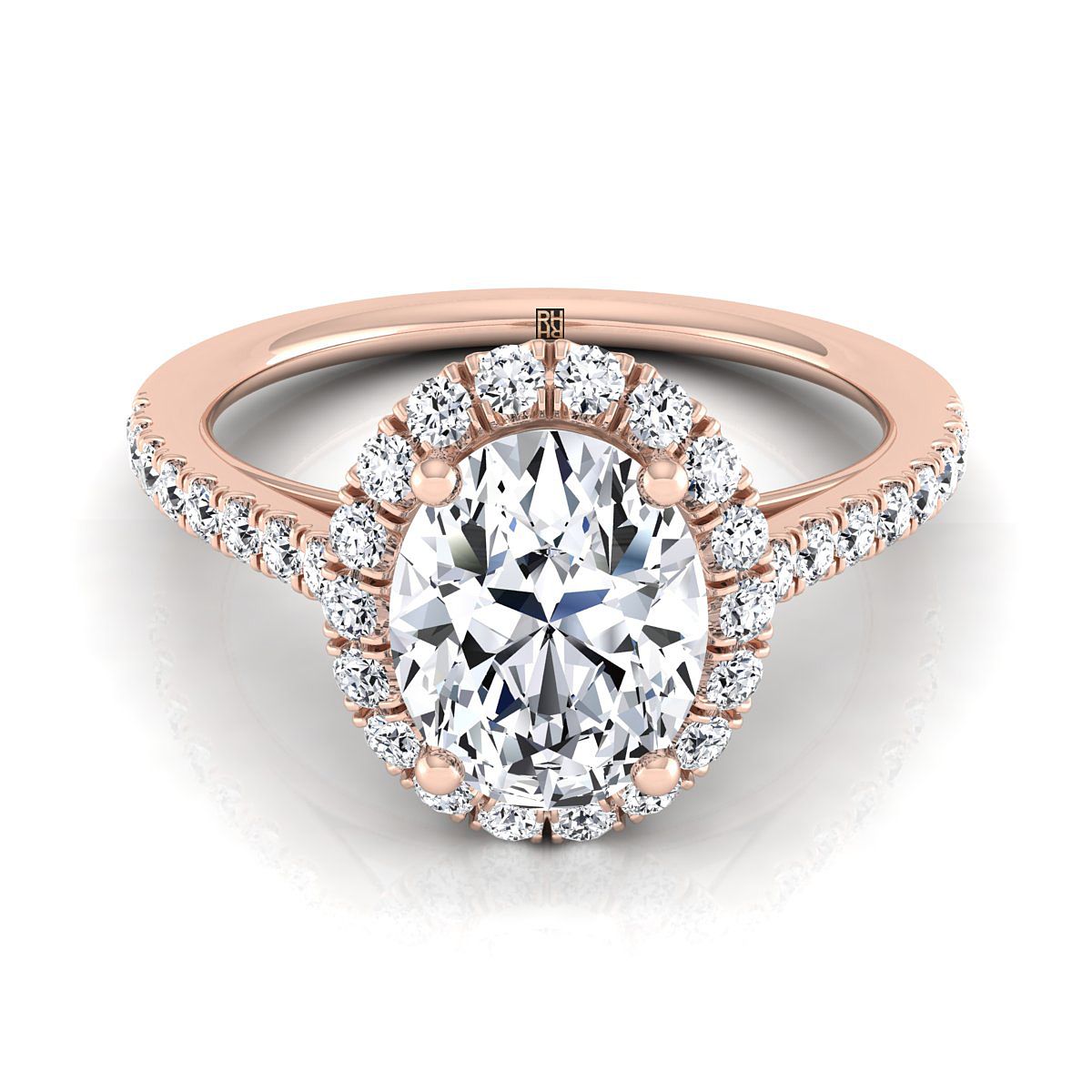 Dylan Select Petite French Pavé Halo Oval Engagement Ring, in 14K Rose Gold, pave setting – view 7 | RockHer