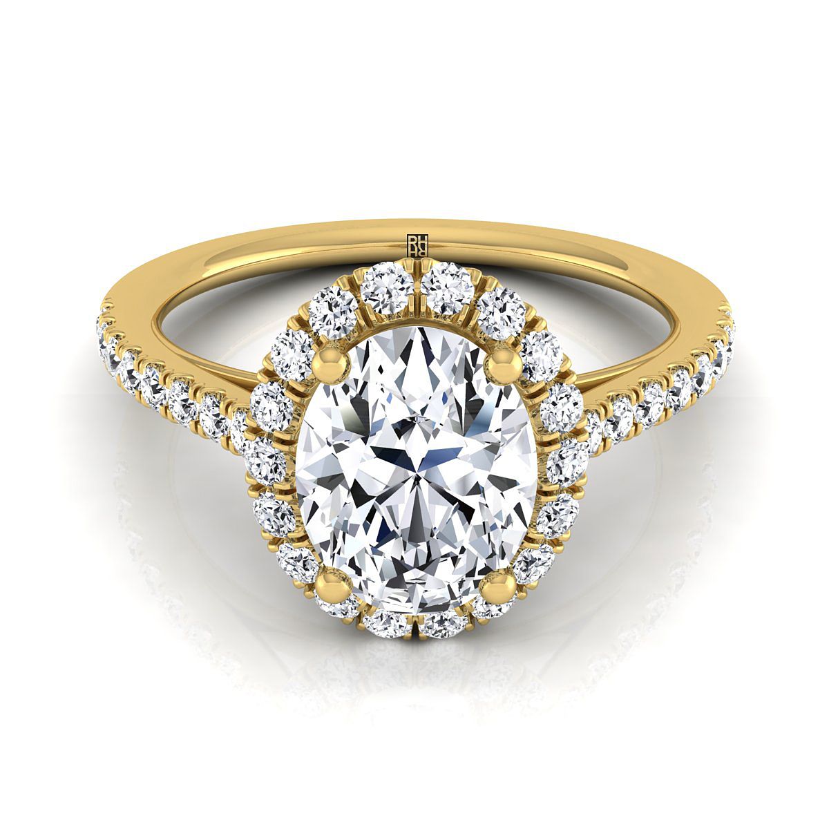 Dylan Select Petite French Pavé Halo Oval Engagement Ring, in 18K Yellow Gold, pave setting – view 7 | RockHer