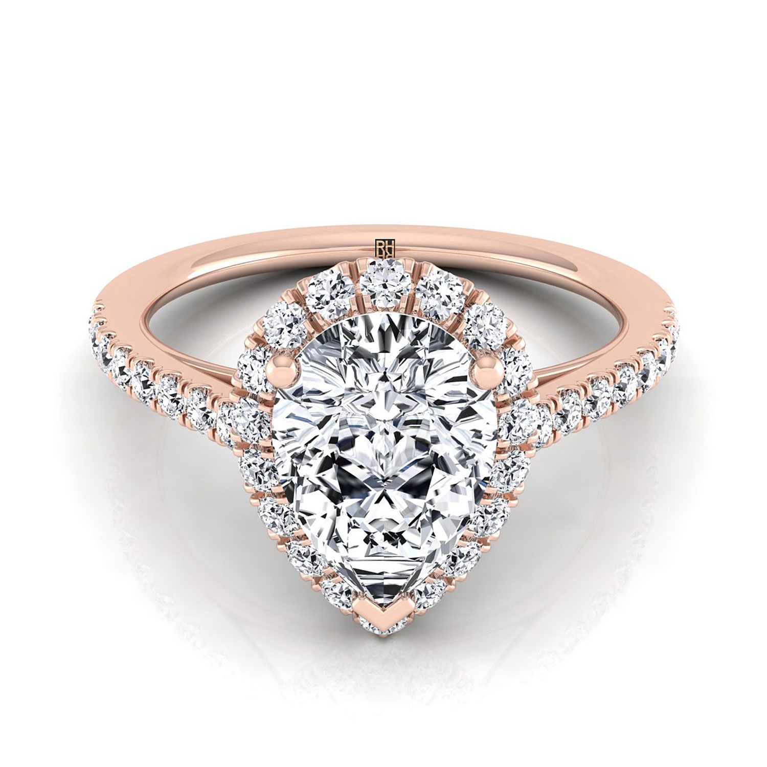 Petite French Pavé Halo Pear Shape, in 14K Rose Gold, pave setting | RockHer