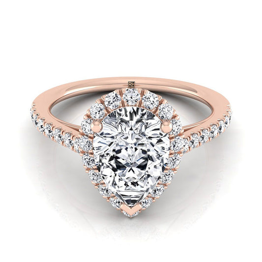Petite French Pavé Halo Pear Shape, in 14K Rose Gold, pave setting | RockHer