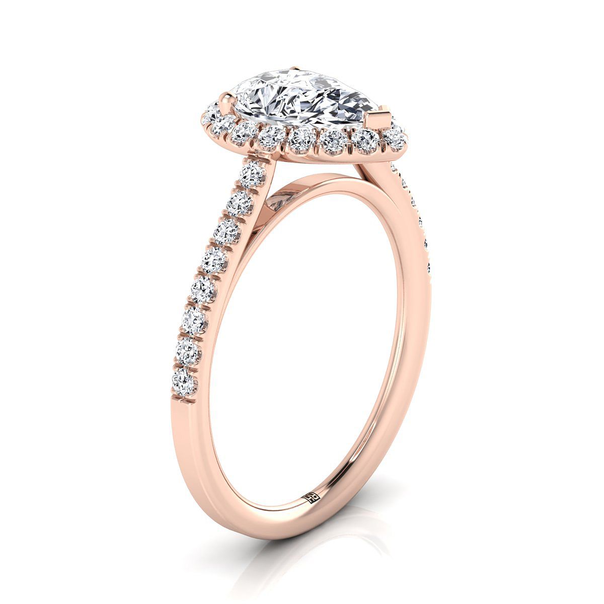 Petite French Pavé Halo Pear Shape, in 14K Rose Gold, pave setting – side profile | RockHer