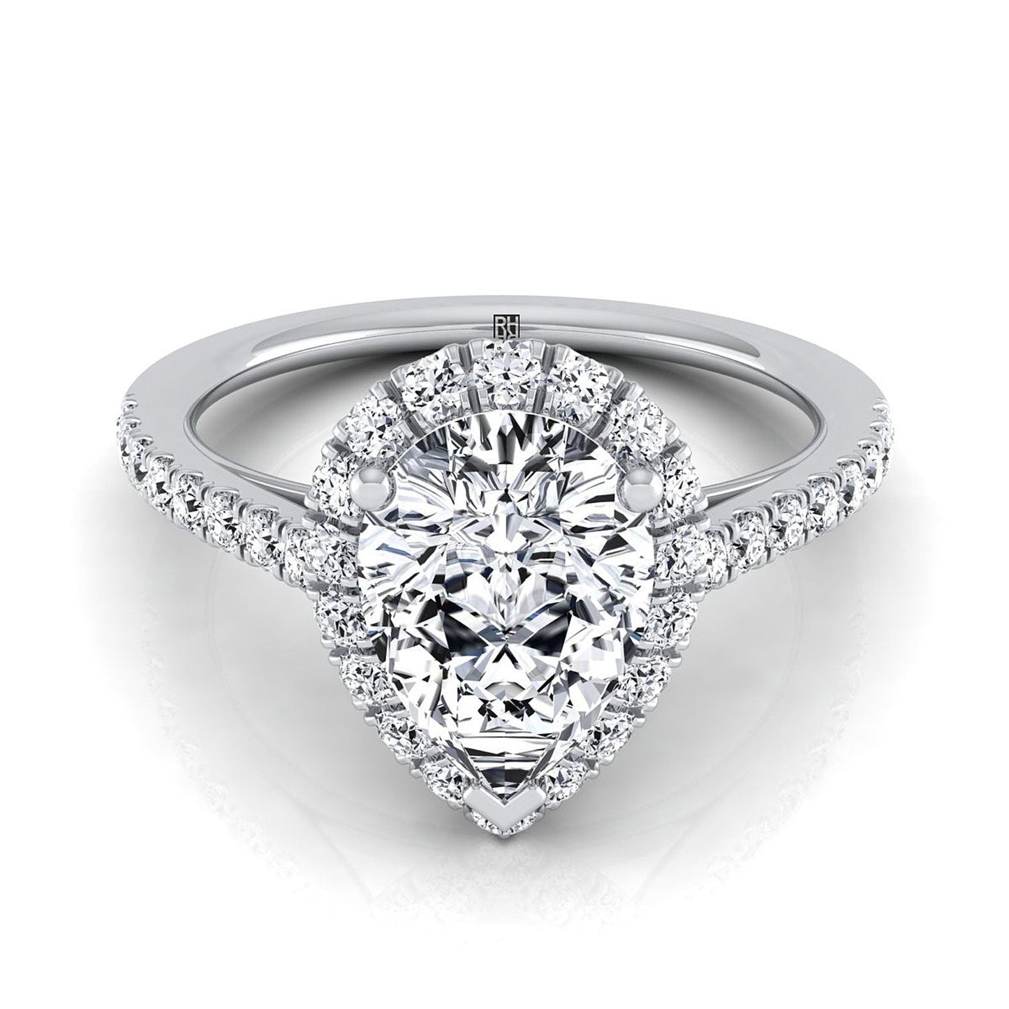 Petite French Pavé Halo Pear Shape, in 18K White Gold, pave setting | RockHer