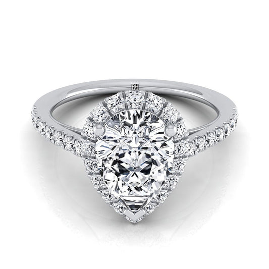 Petite French Pavé Halo Pear Shape, in 18K White Gold, pave setting | RockHer