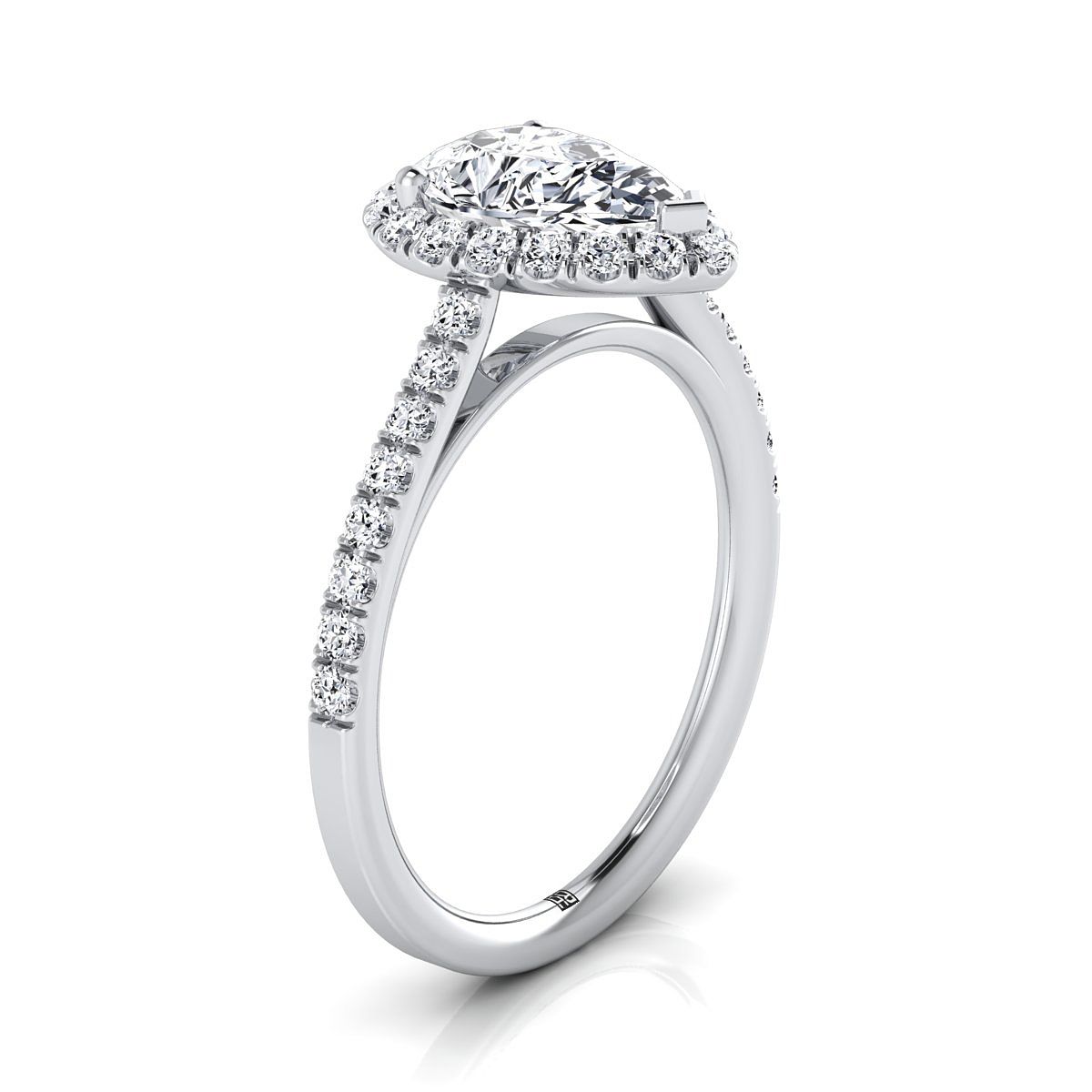 Petite French Pavé Halo Pear Shape, in 18K White Gold, pave setting – side profile | RockHer