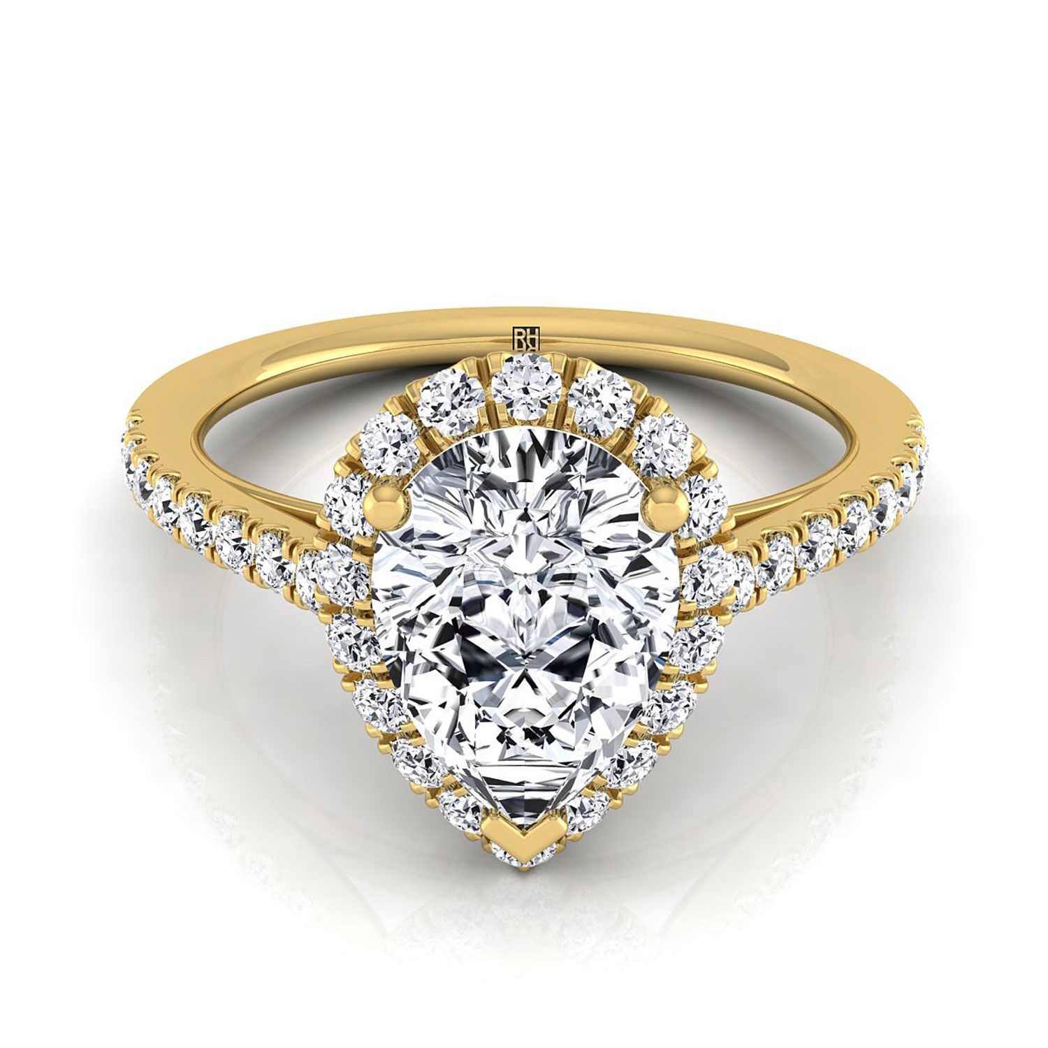 Petite French Pavé Halo Pear Shape, in 18K Yellow Gold, pave setting | RockHer