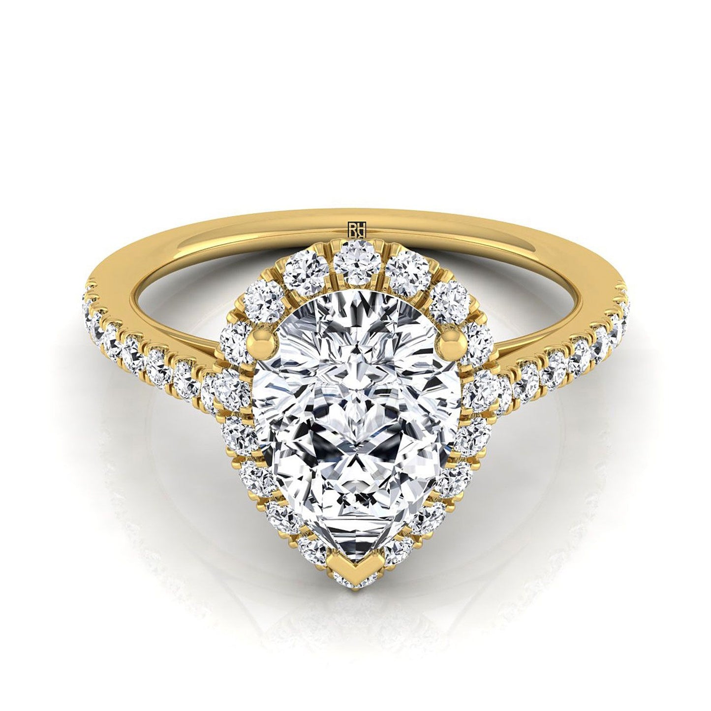 Petite French Pavé Halo Pear Shape, in 18K Yellow Gold, pave setting | RockHer