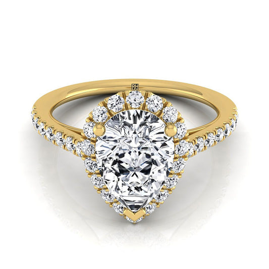 Petite French Pavé Halo Pear Shape, in 18K Yellow Gold, pave setting | RockHer