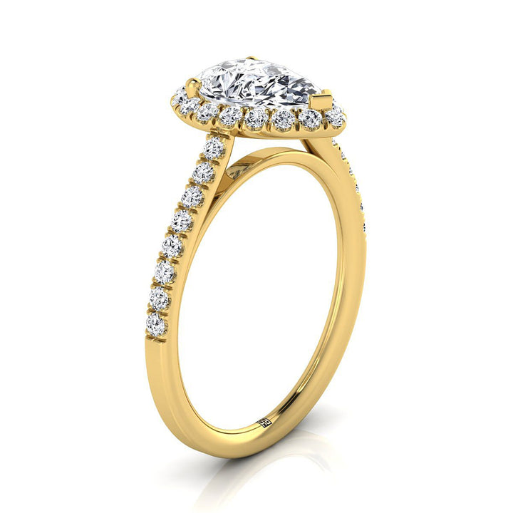 Petite French Pavé Halo Pear Shape, in 18K Yellow Gold, pave setting – side profile | RockHer