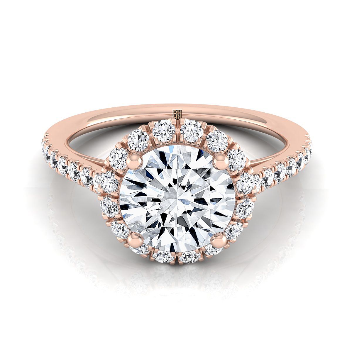 Round Brilliant, Petite French Pavé Halo, in 14K Rose Gold, pave setting | RockHer