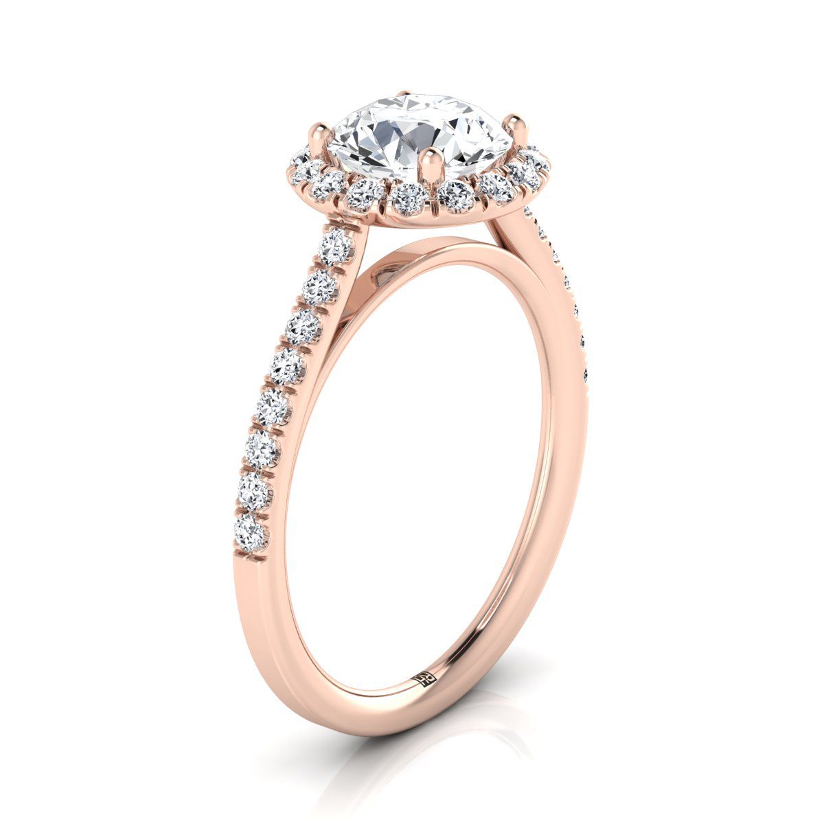 Round Brilliant, Petite French Pavé Halo, in 14K Rose Gold, pave setting – side profile | RockHer