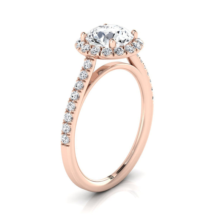 Round Brilliant, Petite French Pavé Halo, in 14K Rose Gold, pave setting – side profile | RockHer