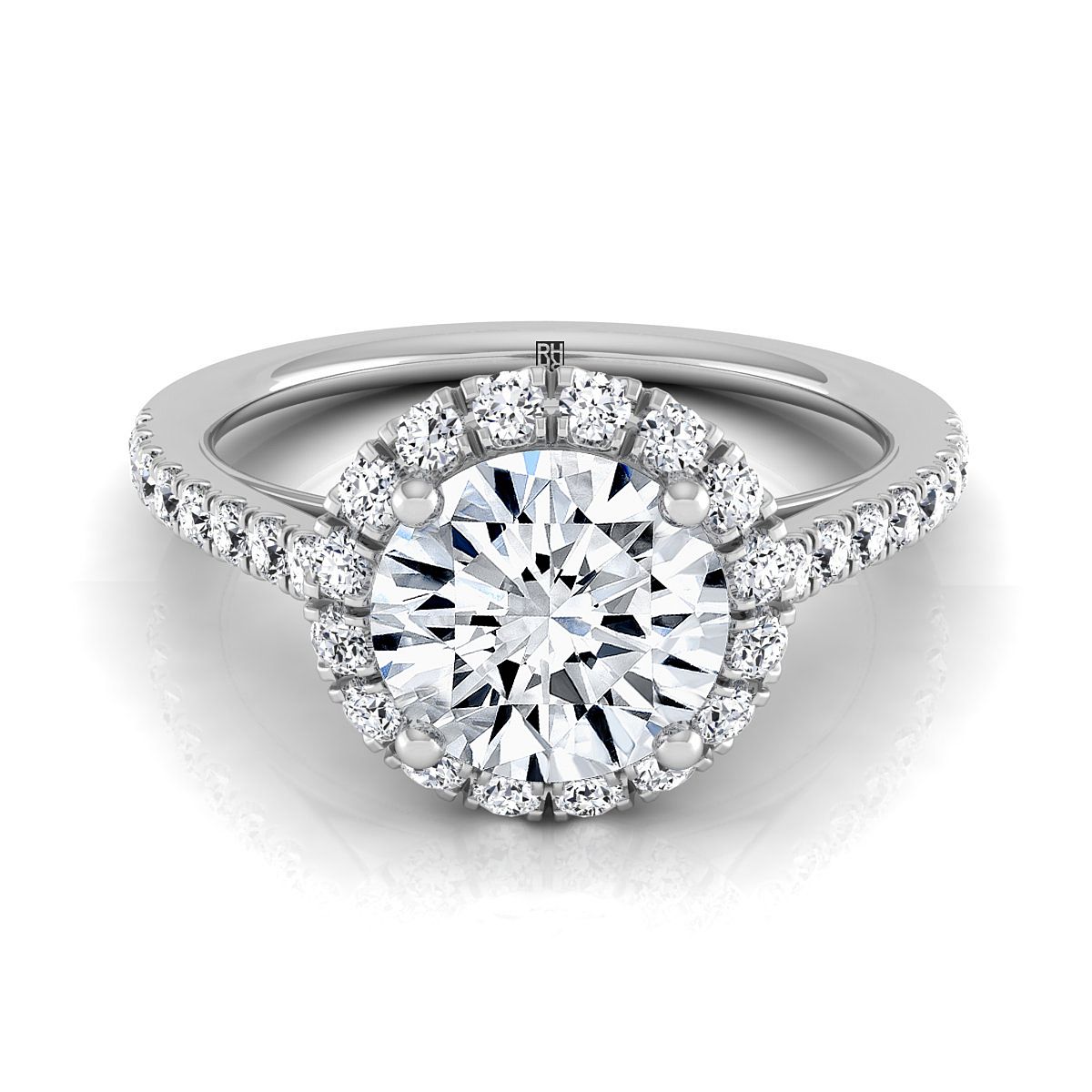 Round Brilliant, Petite French Pavé Halo, in 18K White Gold, pave setting | RockHer