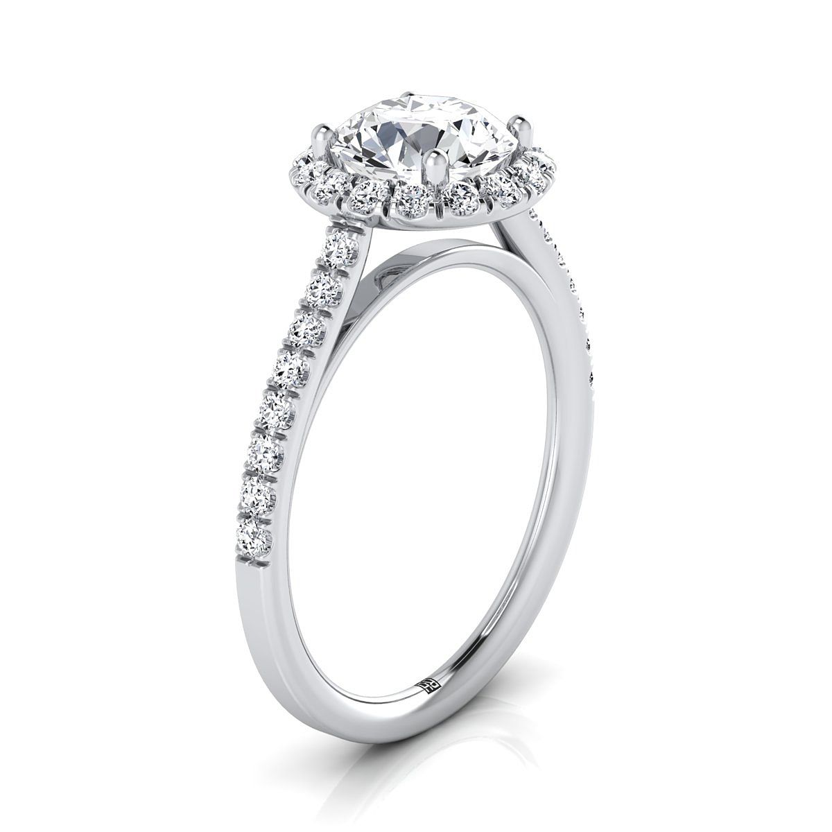 Platinum Round Brilliant Diamond Petite Halo French Pave Engagement Ring -3/8ctw