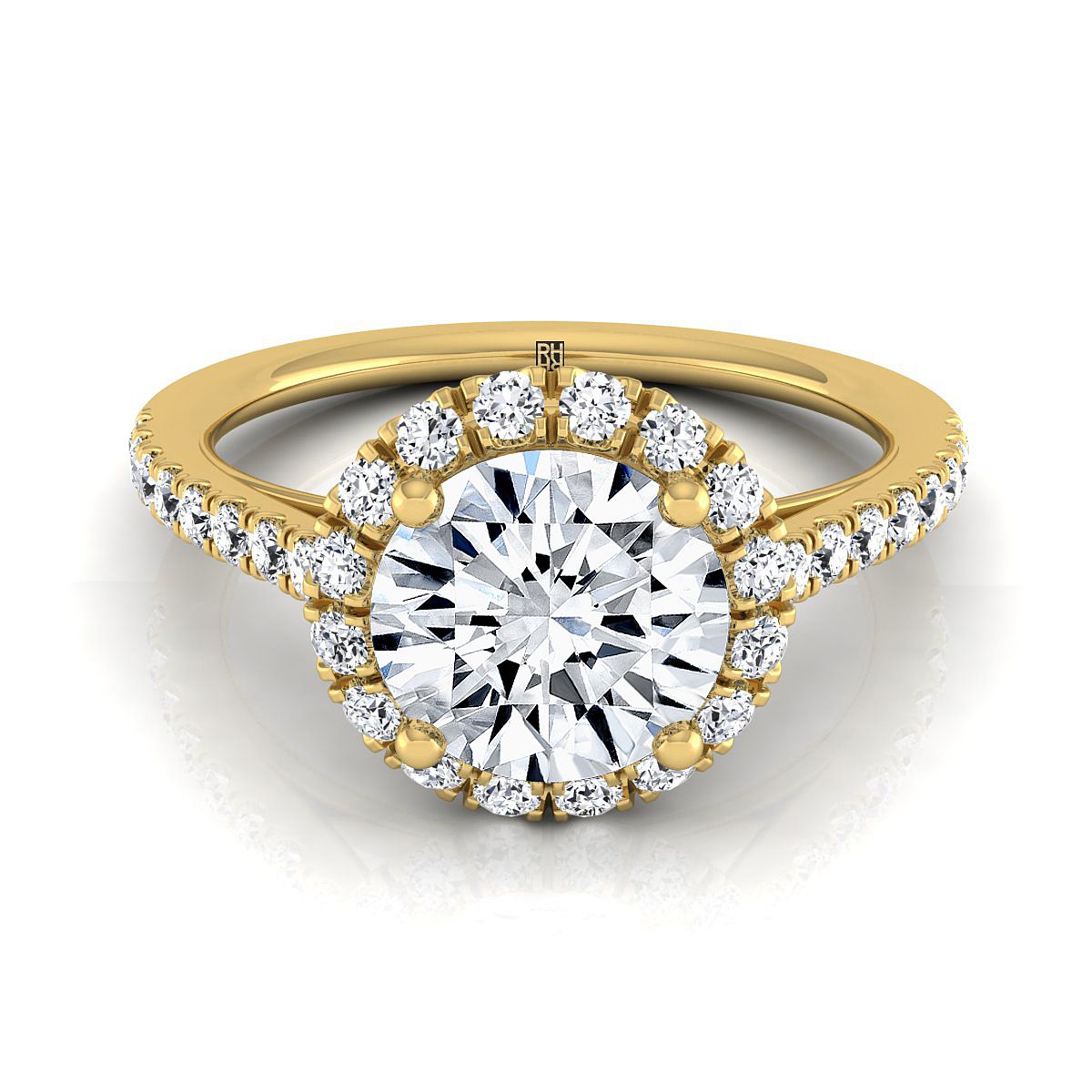 Round Brilliant, Petite French Pavé Halo, in 18K Yellow Gold, pave setting | RockHer