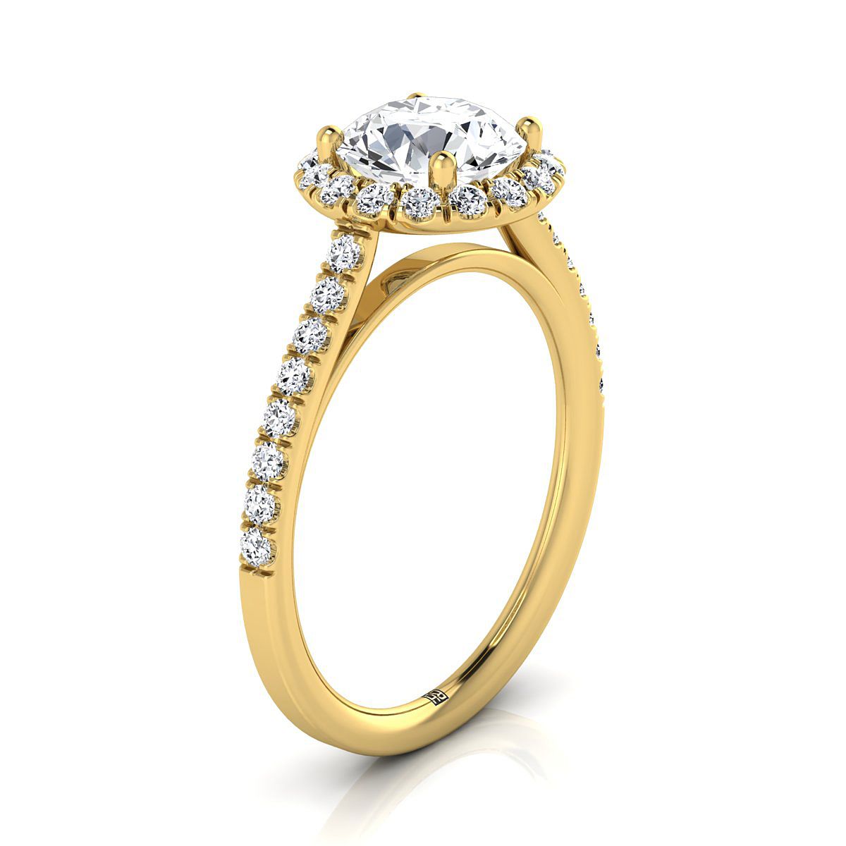 Round Brilliant, Petite French Pavé Halo, in 18K Yellow Gold, pave setting – side profile | RockHer