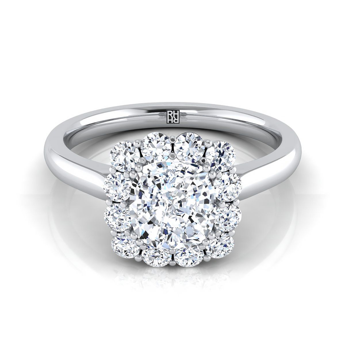 Floral Prong Halo Cushion, in Platinum | RockHer