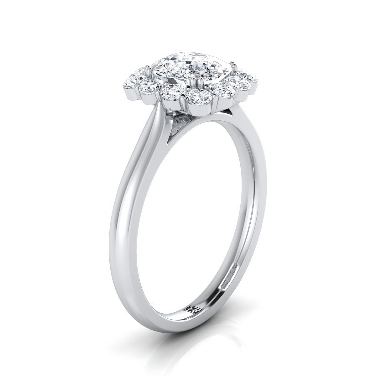 Floral Prong Halo Cushion, in Platinum – side profile | RockHer