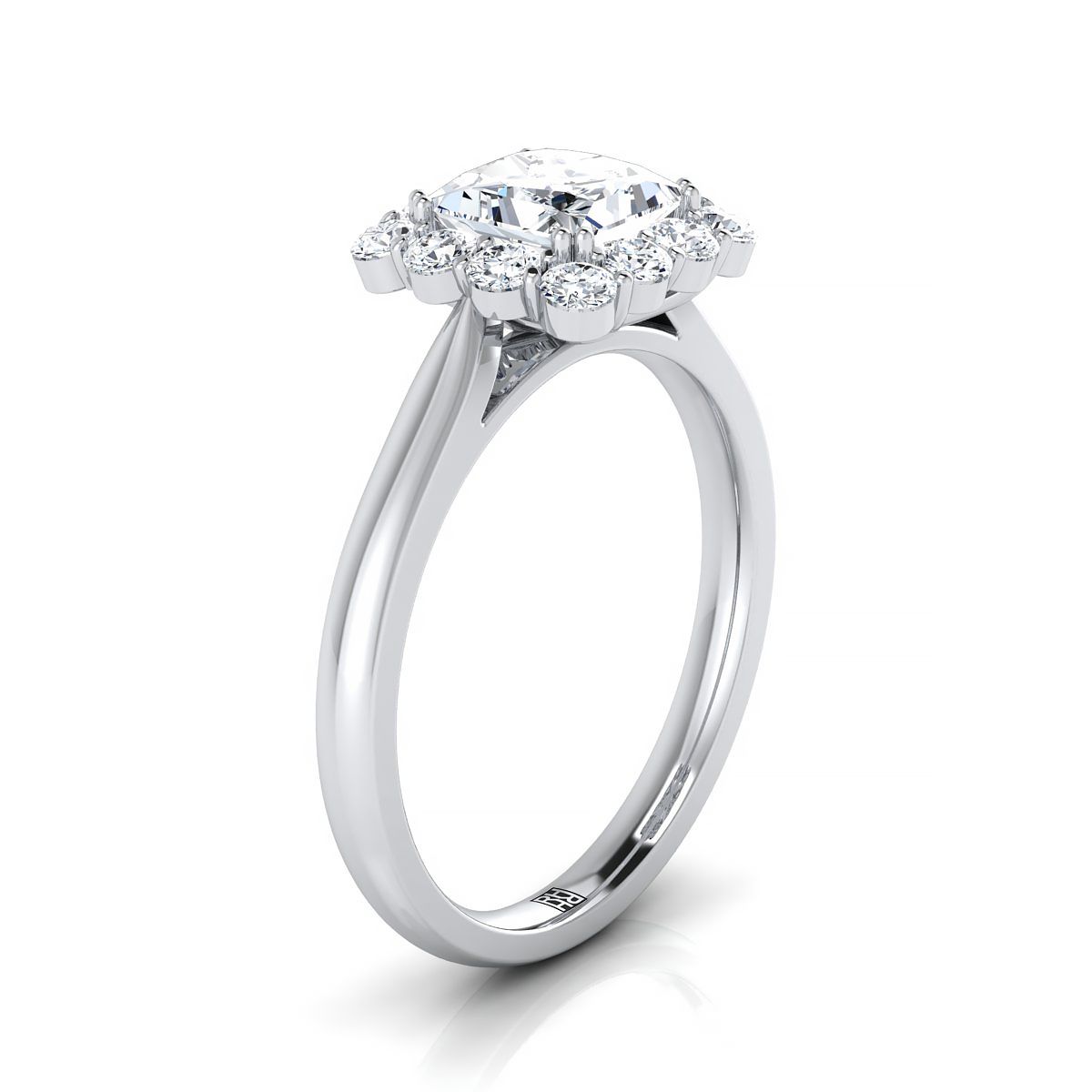 Floral Prong Halo Princess, in 18K White Gold – side profile | RockHer