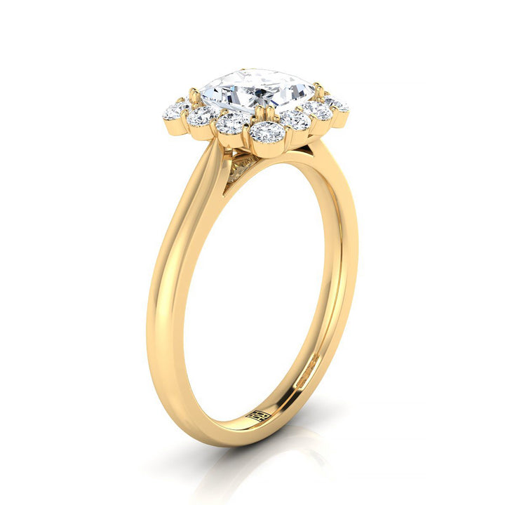 Floral Prong Halo Princess, in 18K Yellow Gold – side profile | RockHer