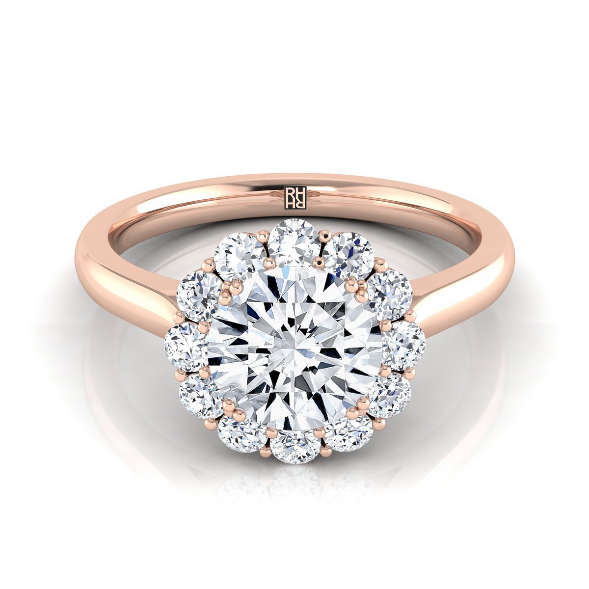 Round Brilliant, Floral Prong Halo Round, in 14K Rose Gold | RockHer