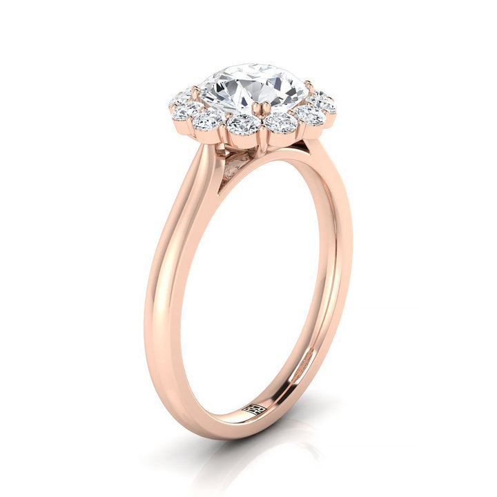 Round Brilliant, Floral Prong Halo Round, in 14K Rose Gold – side profile | RockHer