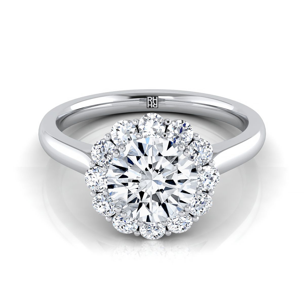 Round Brilliant, Floral Prong Halo Round, in Platinum | RockHer