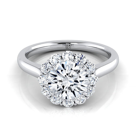 Round Brilliant, Floral Prong Halo Round, in 18K White Gold | RockHer