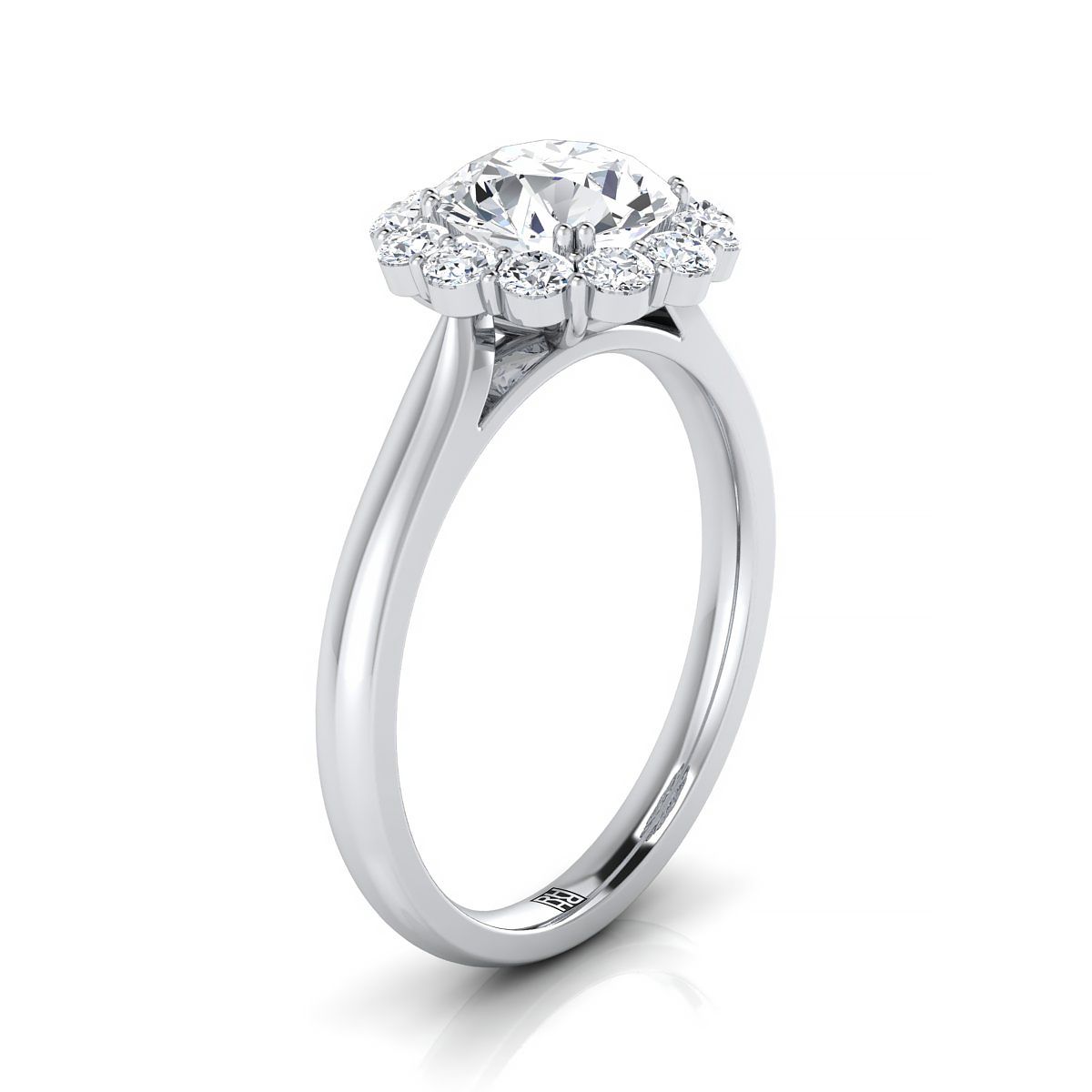 Round Brilliant, Floral Prong Halo Round, in 18K White Gold – side profile | RockHer