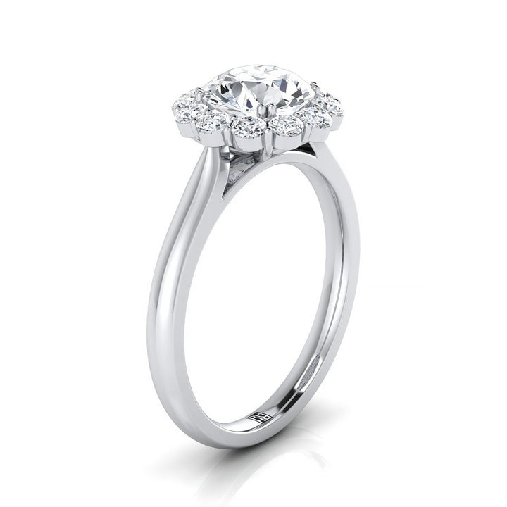 Round Brilliant, Floral Prong Halo Round, in 18K White Gold – side profile | RockHer