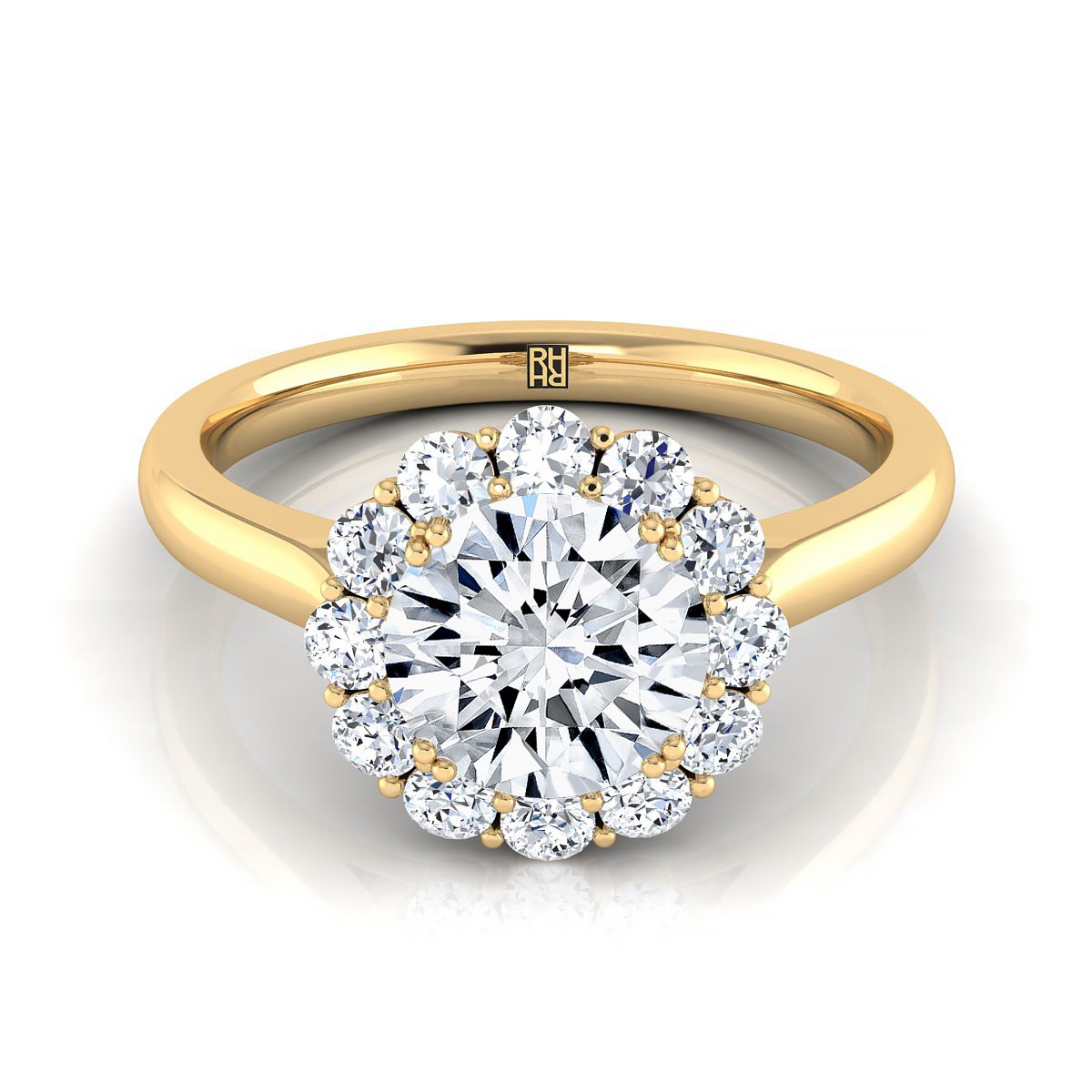 Round Brilliant, Floral Prong Halo Round, in 18K Yellow Gold | RockHer
