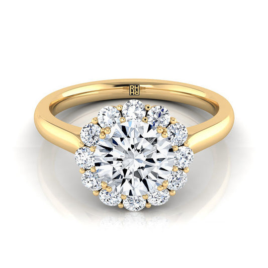 Round Brilliant, Floral Prong Halo Round, in 18K Yellow Gold | RockHer