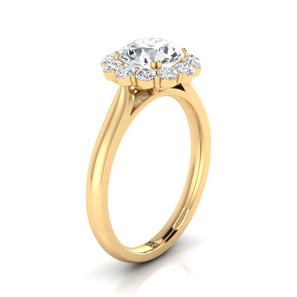 Round Brilliant, Floral Prong Halo Round, in 18K Yellow Gold – side profile | RockHer
