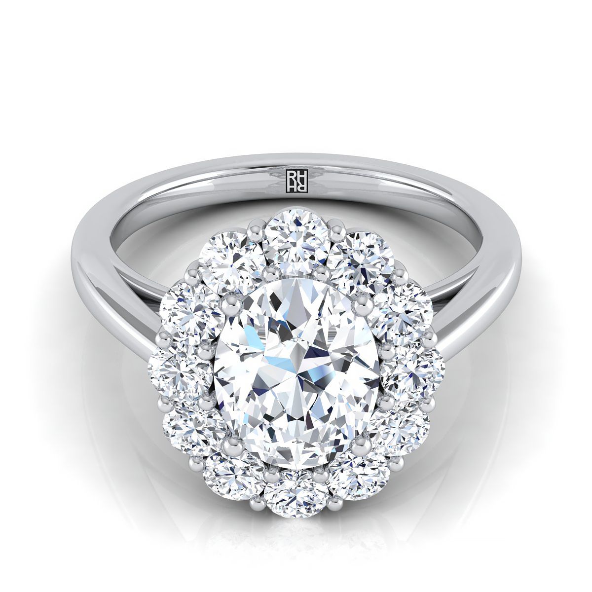 Faith floral prong halo engagement ring in platinum with oval lab diamond — RockHer