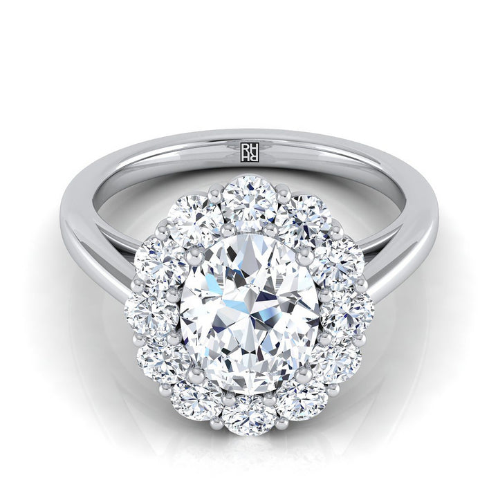 Faith floral prong halo engagement ring in platinum with oval lab diamond — RockHer