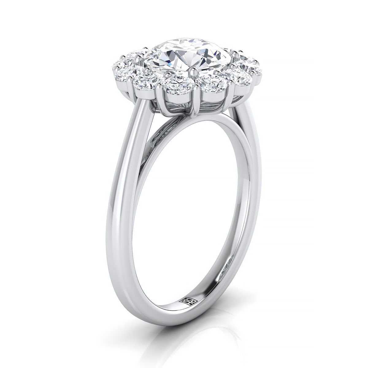 Round Brilliant, Floral Prong Halo Round, in 18K White Gold – side profile | RockHer