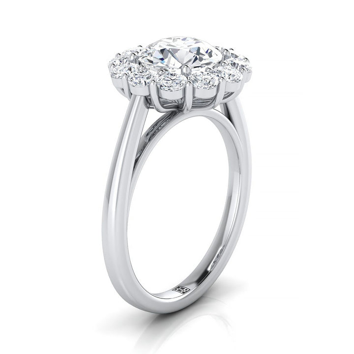 Round Brilliant, Floral Prong Halo Round, in 18K White Gold – side profile | RockHer