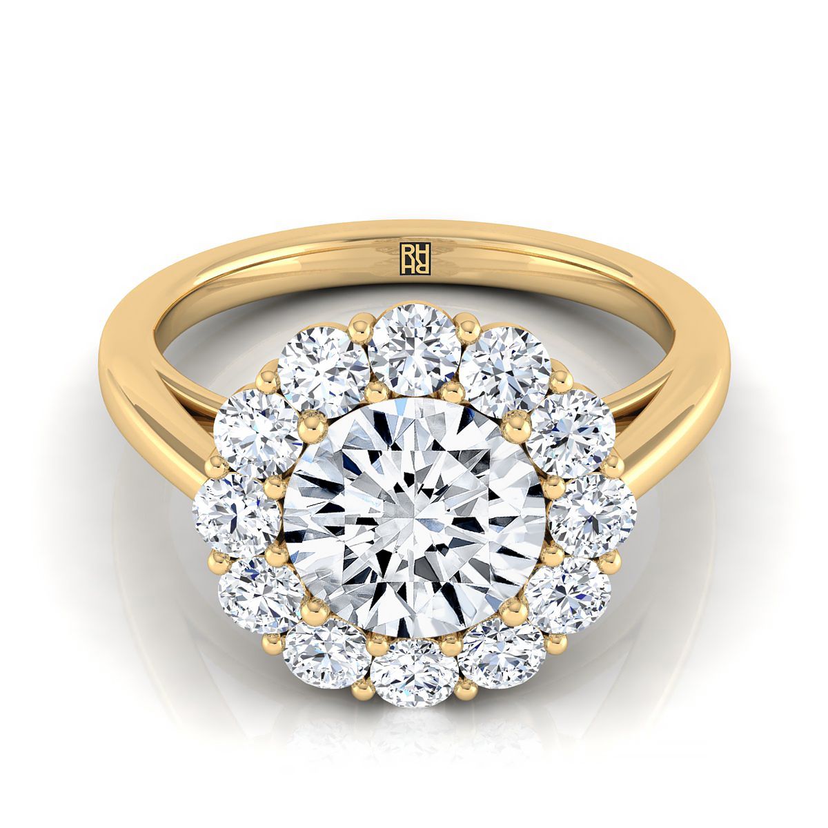 Round Brilliant, Floral Prong Halo Round, in 18K Yellow Gold | RockHer