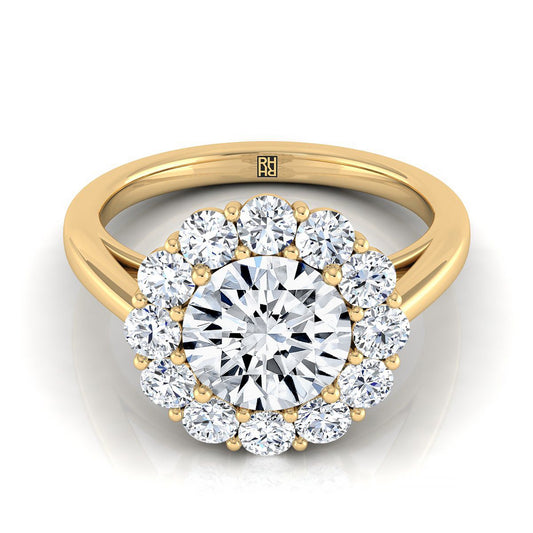 Round Brilliant, Floral Prong Halo Round, in 18K Yellow Gold | RockHer