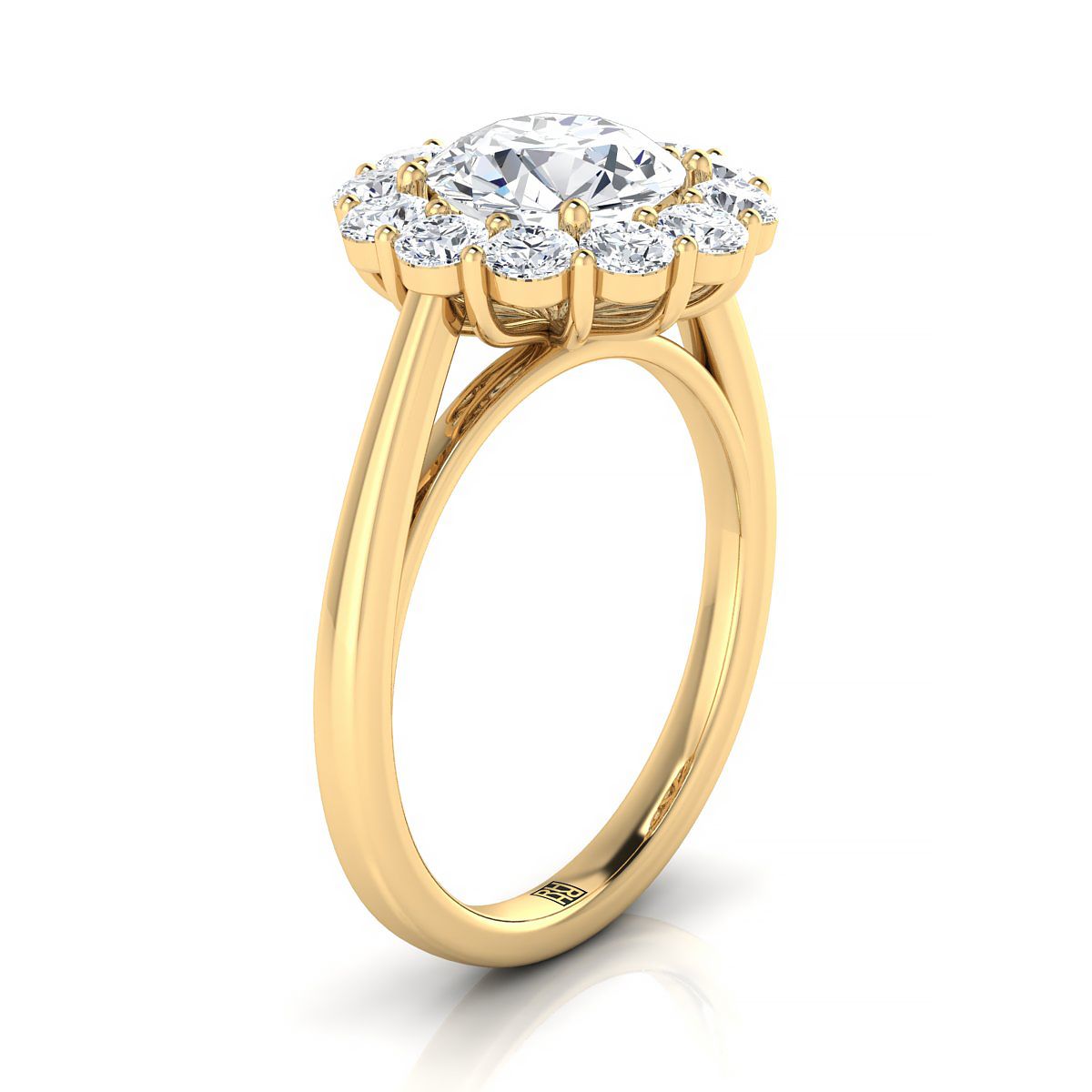 Round Brilliant, Floral Prong Halo Round, in 18K Yellow Gold – side profile | RockHer