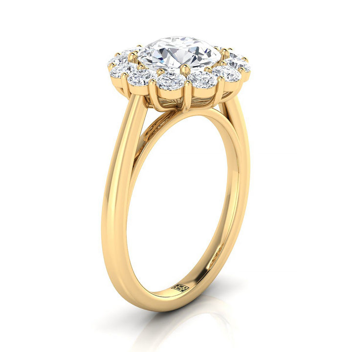 Round Brilliant, Floral Prong Halo Round, in 18K Yellow Gold – side profile | RockHer
