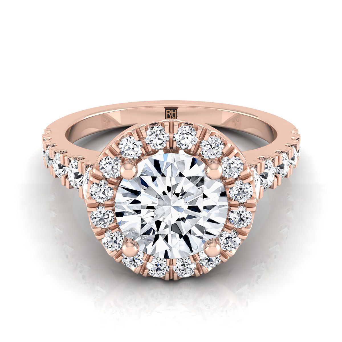 Round Brilliant, Shared Prong Halo Linear Side Set, in 14K Rose Gold | RockHer